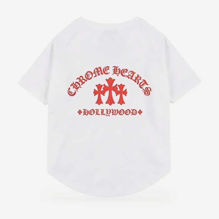 Red Hollywood dog tee inspired by Chrome Hearts, white, back view