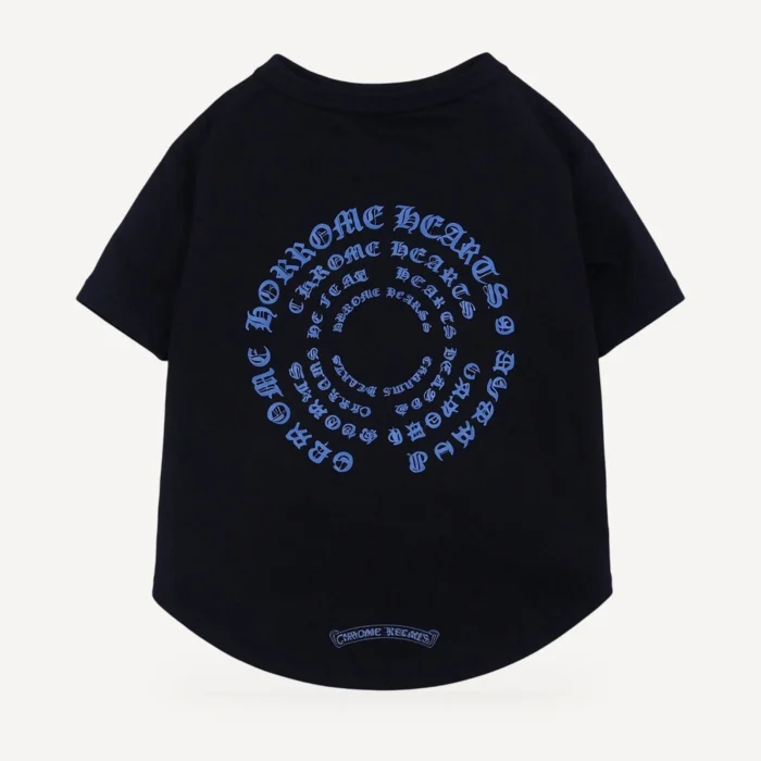 Spiral Script dog tee inspired by Chrome Hearts, black, back view