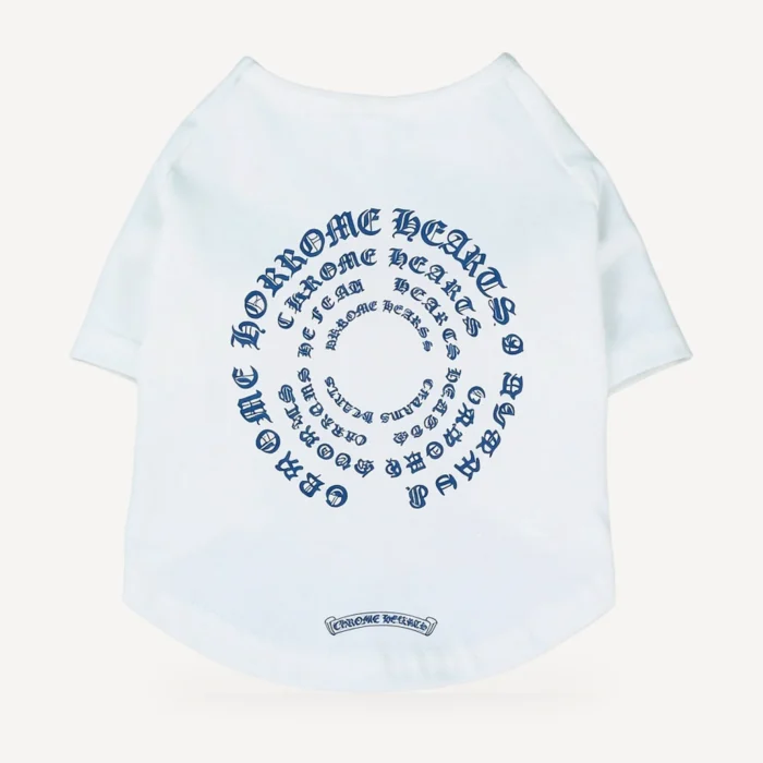 Spiral Script dog tee inspired by Chrome Hearts, white, back view
