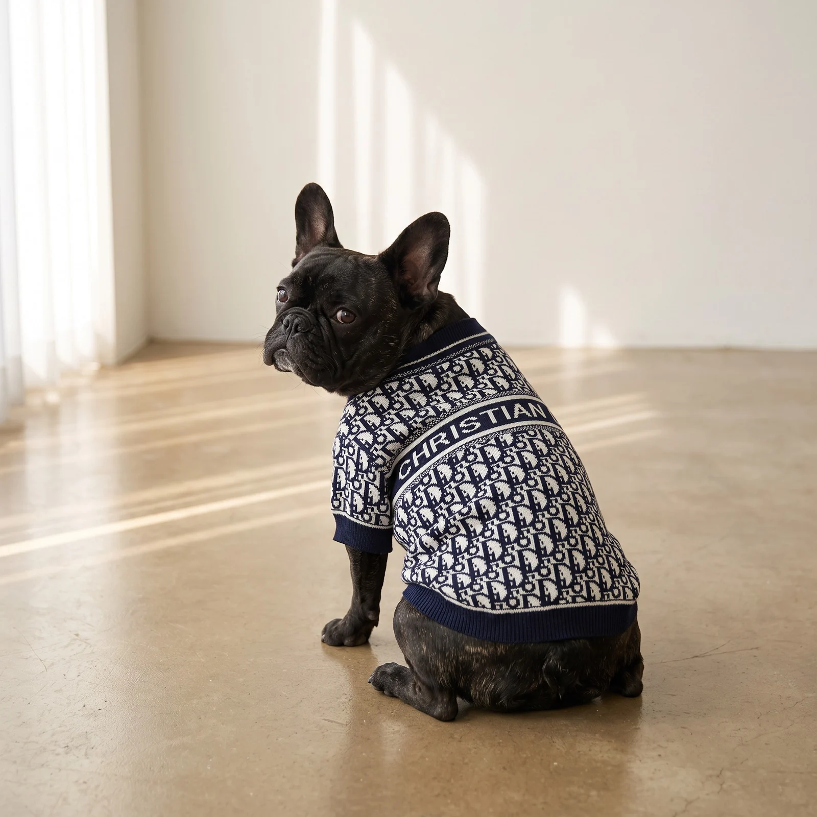 Dogior Lettered Sweater worn by a dog in studio
