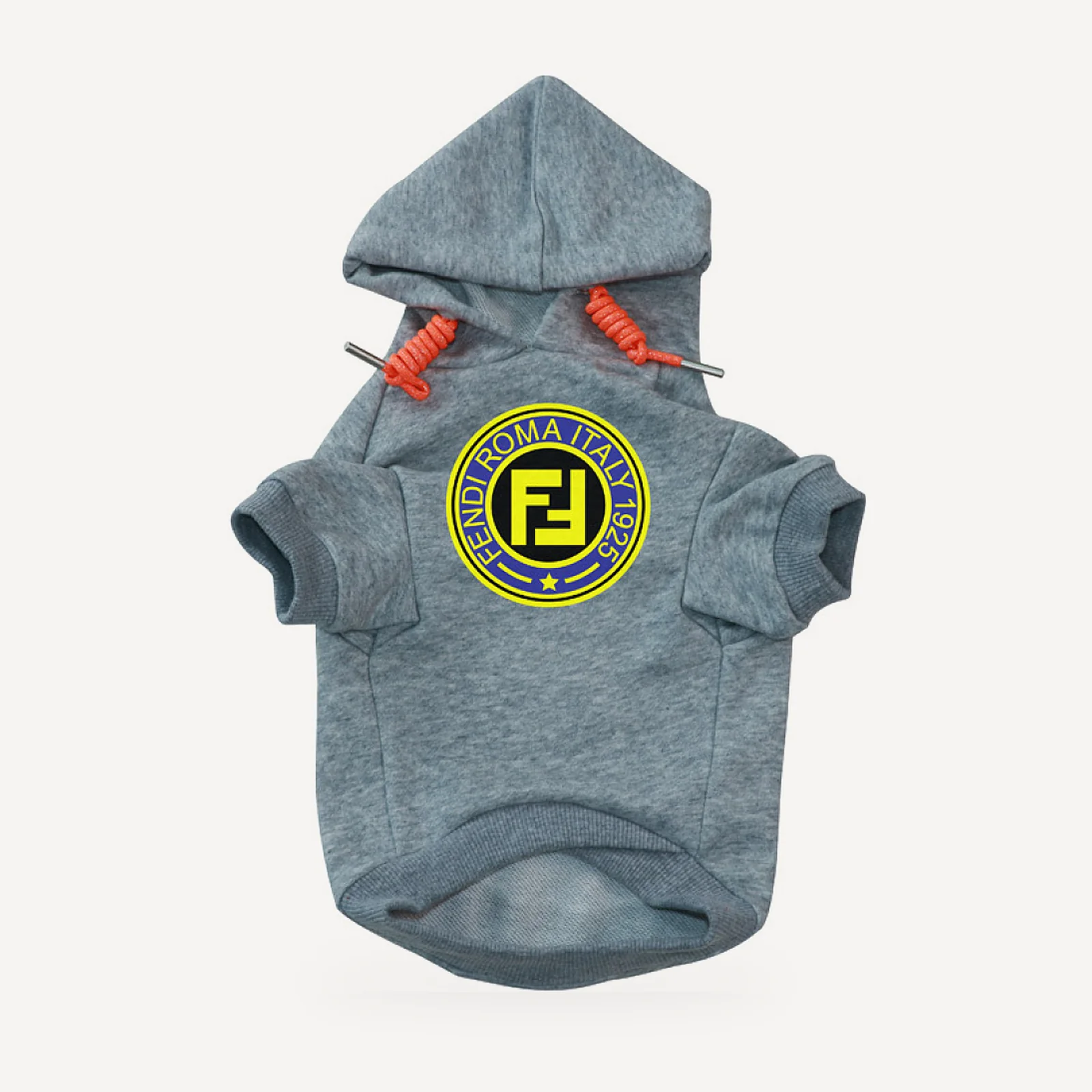 Roma Badge dog hoodie inspired by Fendi, grey, front view