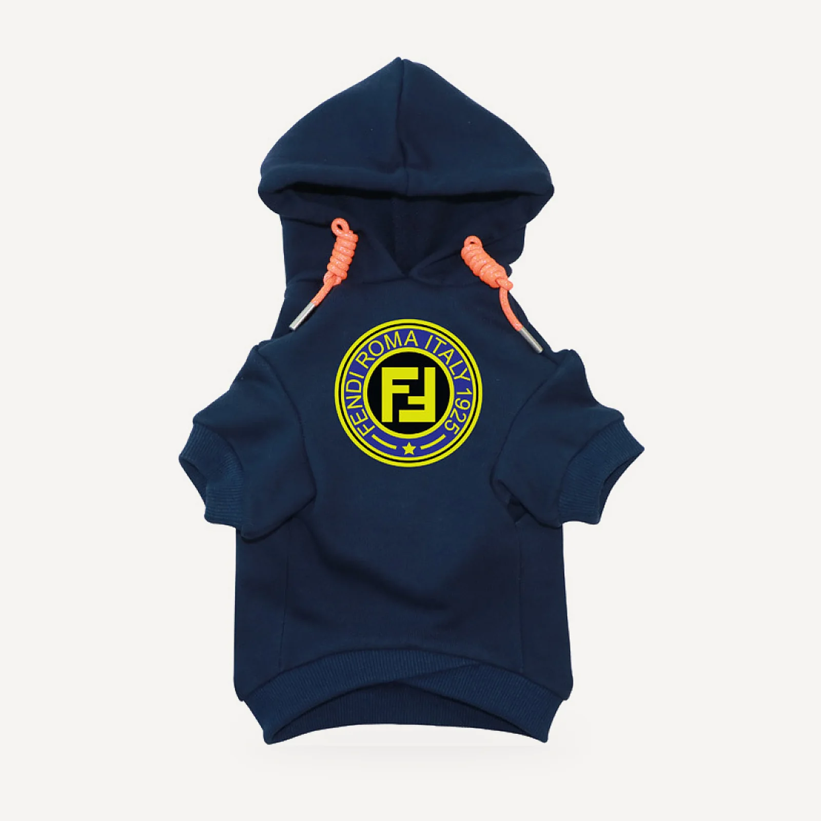 Roma Badge dog hoodie inspired by Fendi, navy blue, front view