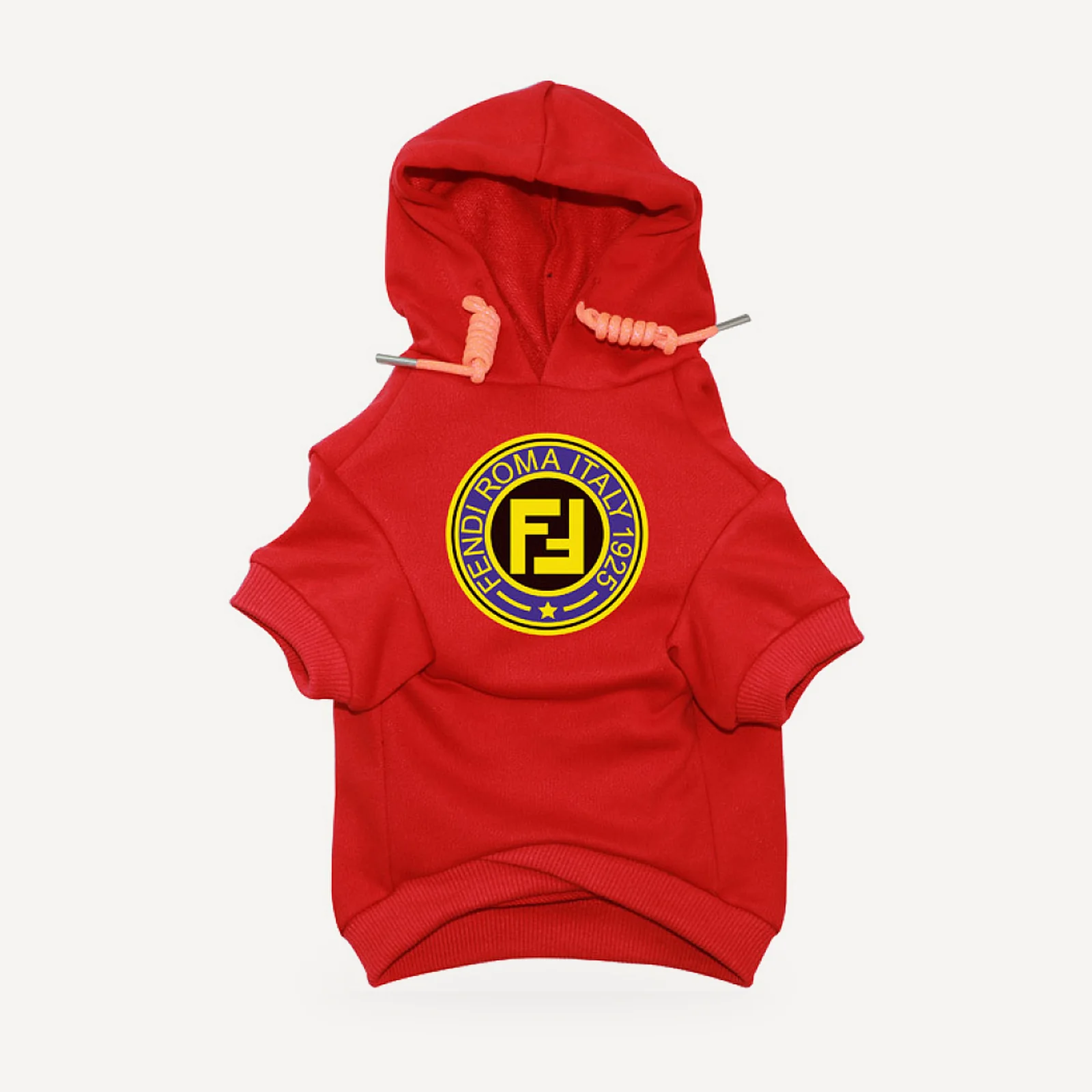 Roma Badge dog hoodie inspired by Fendi, red, front view