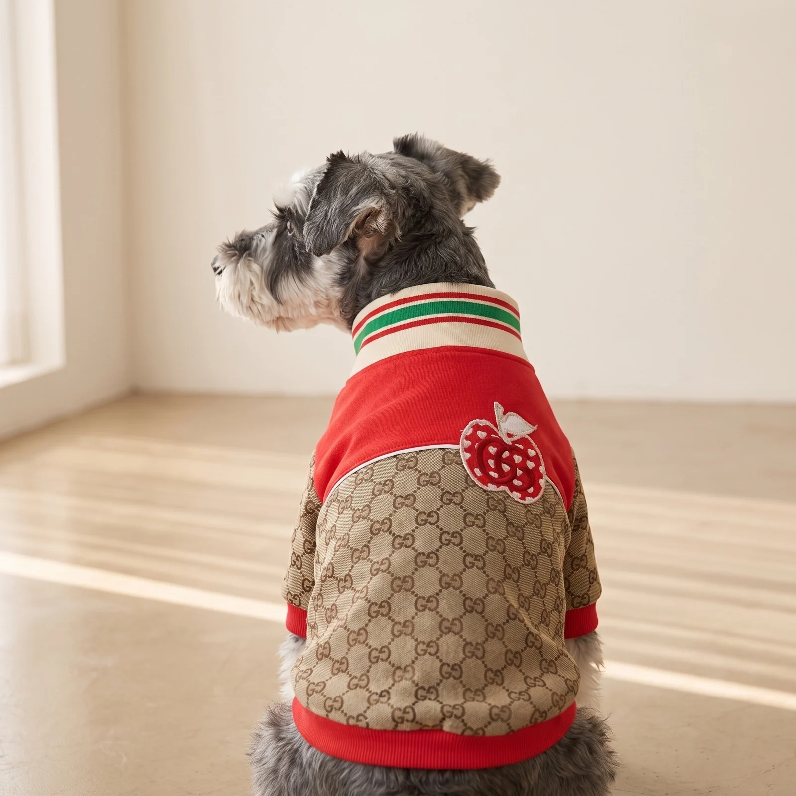Pawcci Apple Patch Jacket worn by a dog in studio – back view
