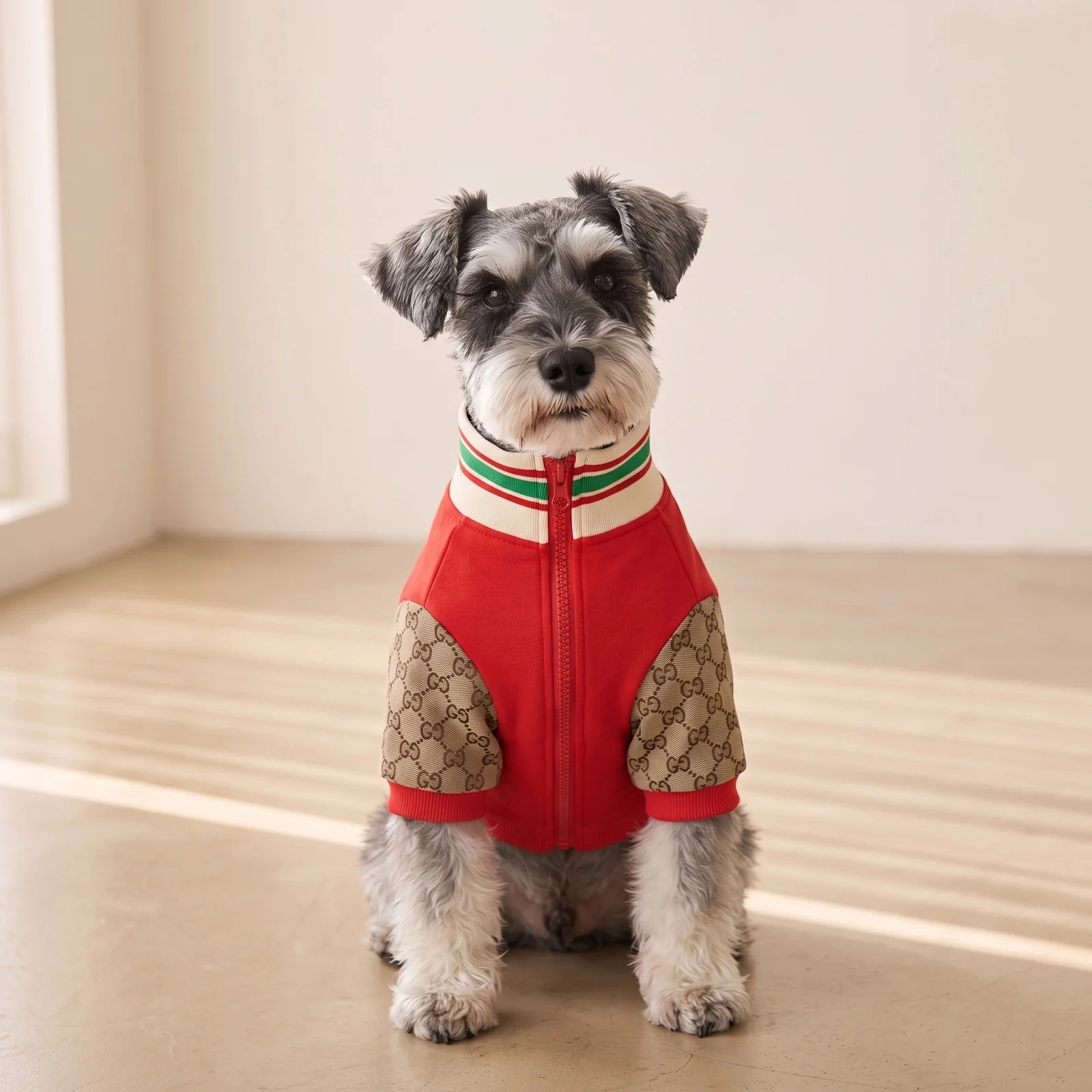 Pawcci Apple Patch Jacket worn by a dog in studio – front view