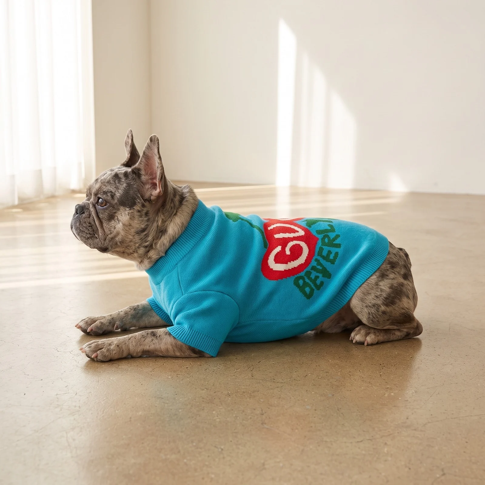 Pawcci Beverly Hills Sweater worn by a dog in studio