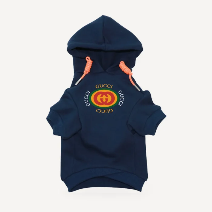 Circle Logo dog hoodie inspired by Gucci, navy blue, front view