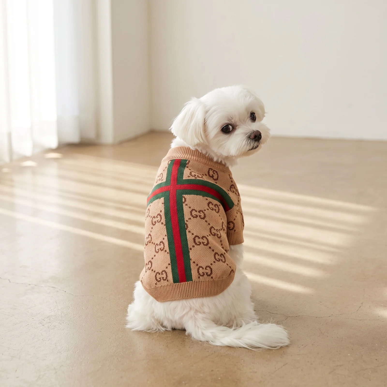 Pawcci Web Cross Sweater worn by a dog in studio