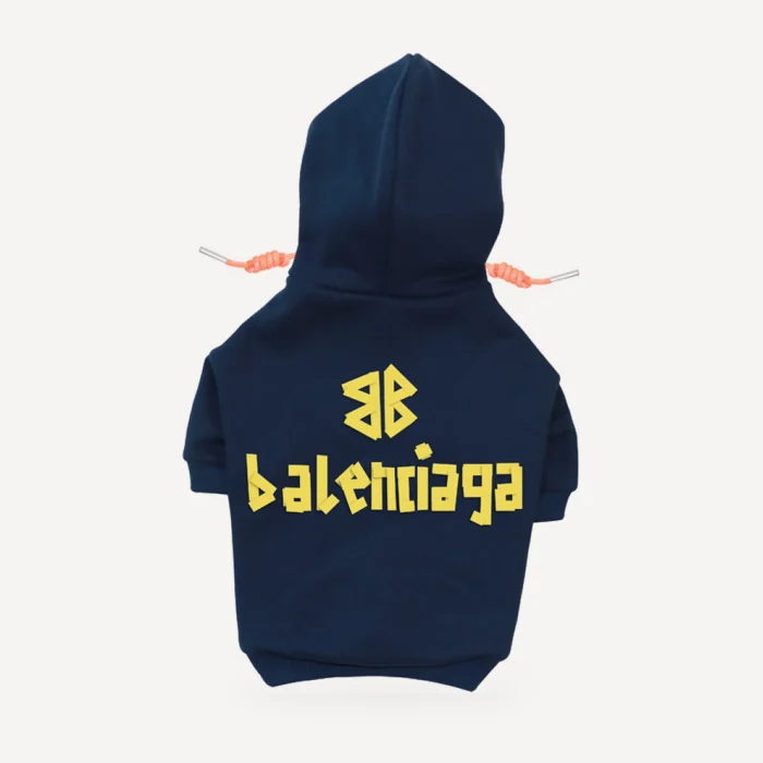 BB Logo dog hoodie inspired by Balenciaga, navy blue, back view