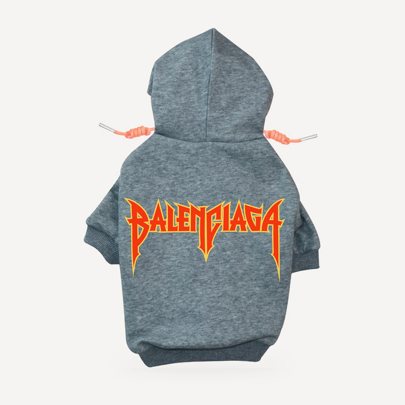 Metal Logo dog hoodie inspired by Balenciaga, grey, back view
