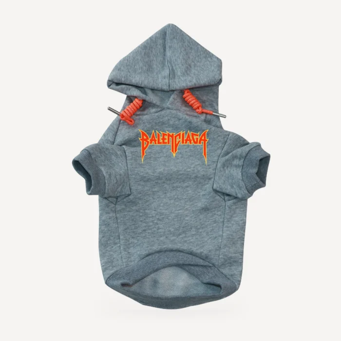 Metal Logo dog hoodie inspired by Balenciaga, grey, front view