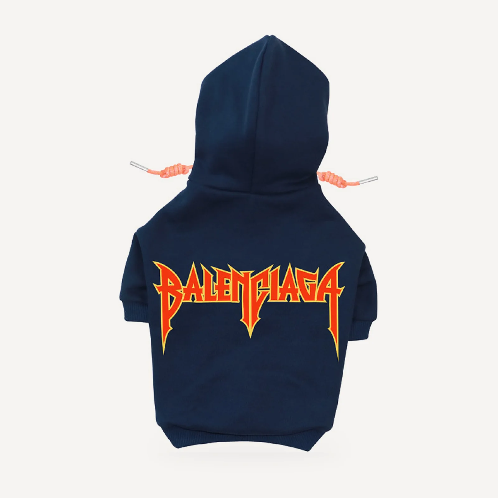 Metal Logo dog hoodie inspired by Balenciaga, navy blue, back view