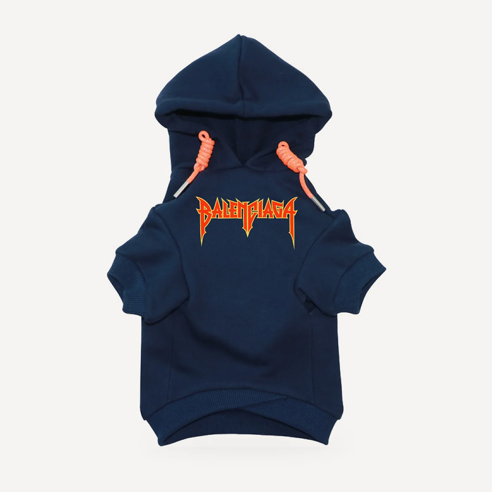 Metal Logo dog hoodie inspired by Balenciaga, navy blue, front view