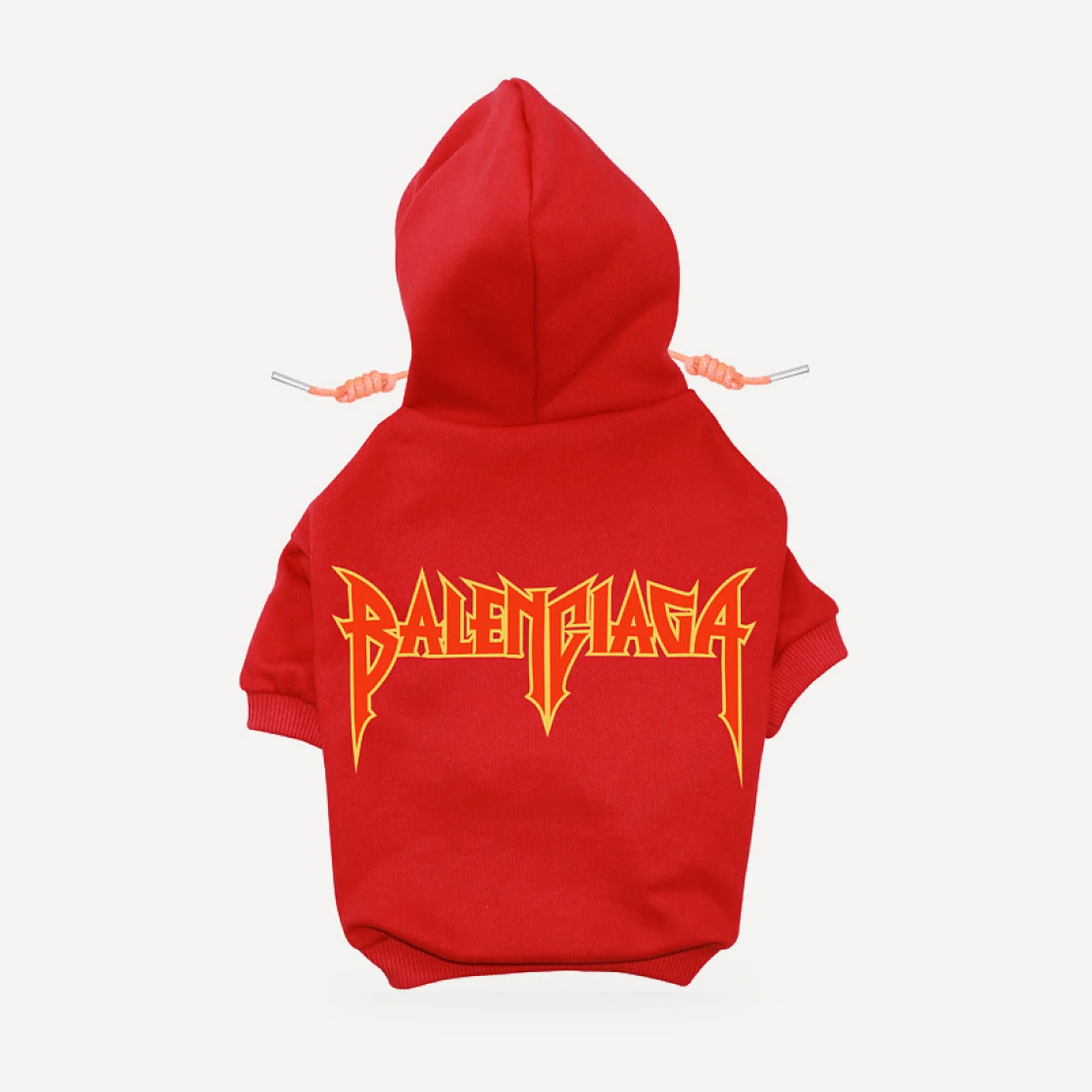 Metal Logo dog hoodie inspired by Balenciaga, red, back view