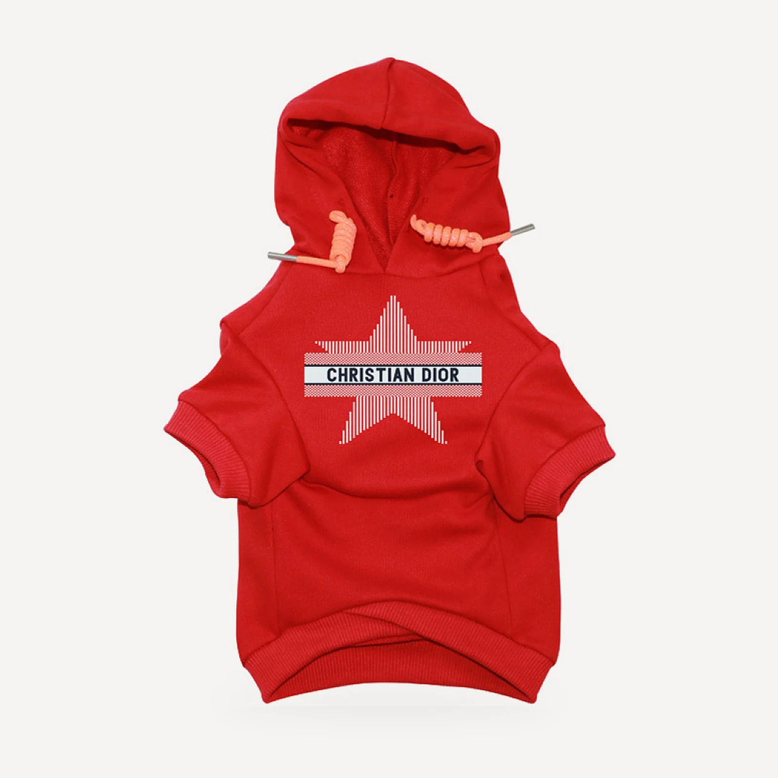 Star dog hoodie inspired by Dior, red, front view