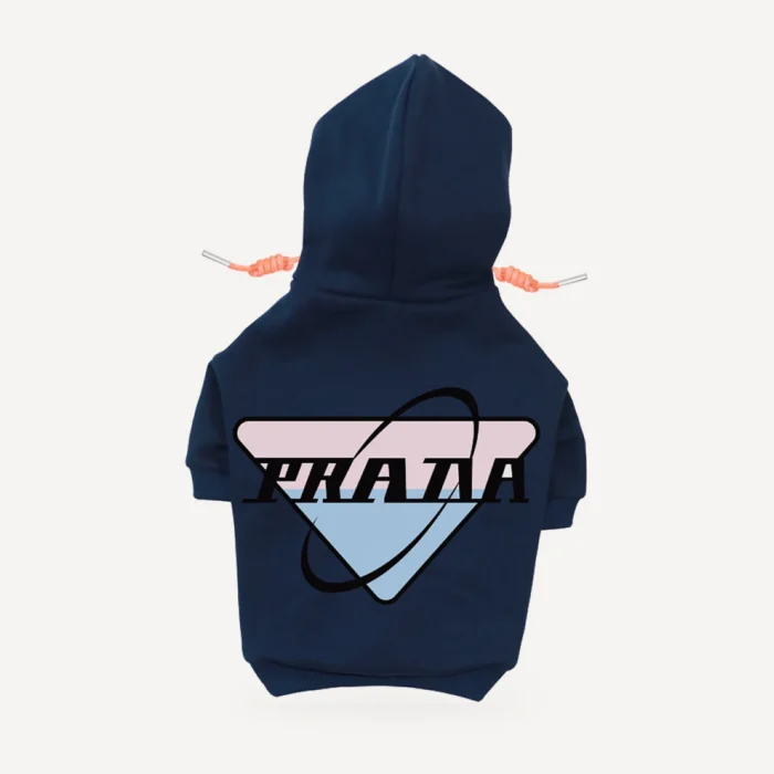 Orbit Logo dog hoodie inspired by Prada, navy blue, back view