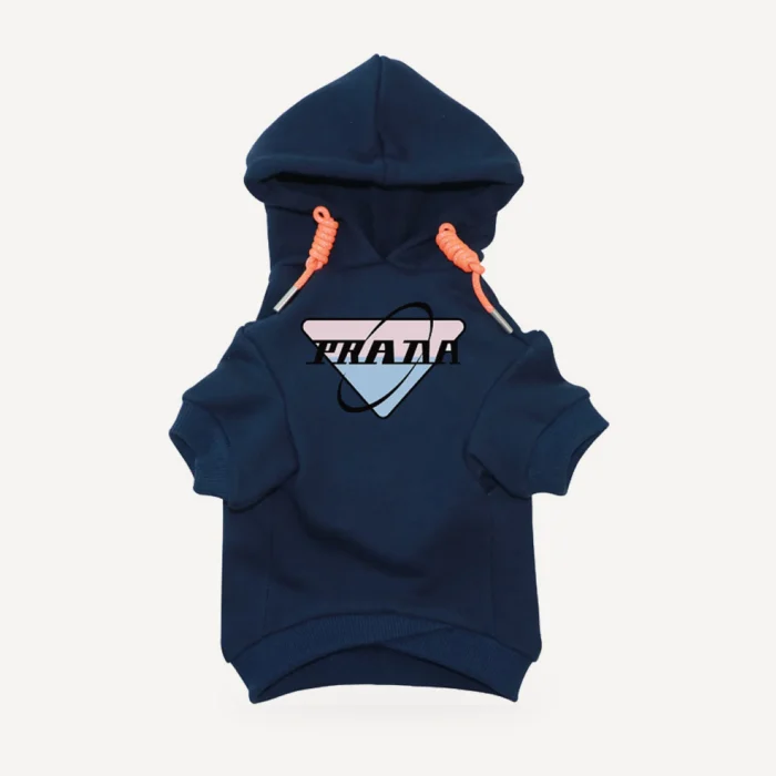 Orbit Logo dog hoodie inspired by Prada, navy blue, front view