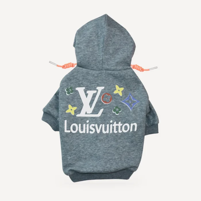 Signature Stars dog hoodie inspired by Louis Vuitton, grey, back view