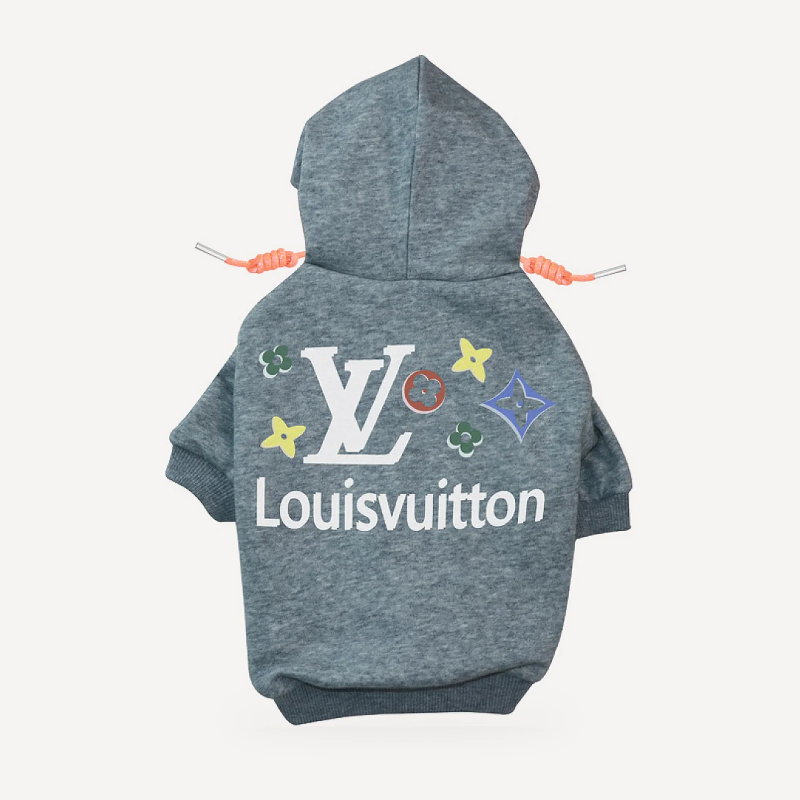Signature Stars dog hoodie inspired by Louis Vuitton, grey, back view