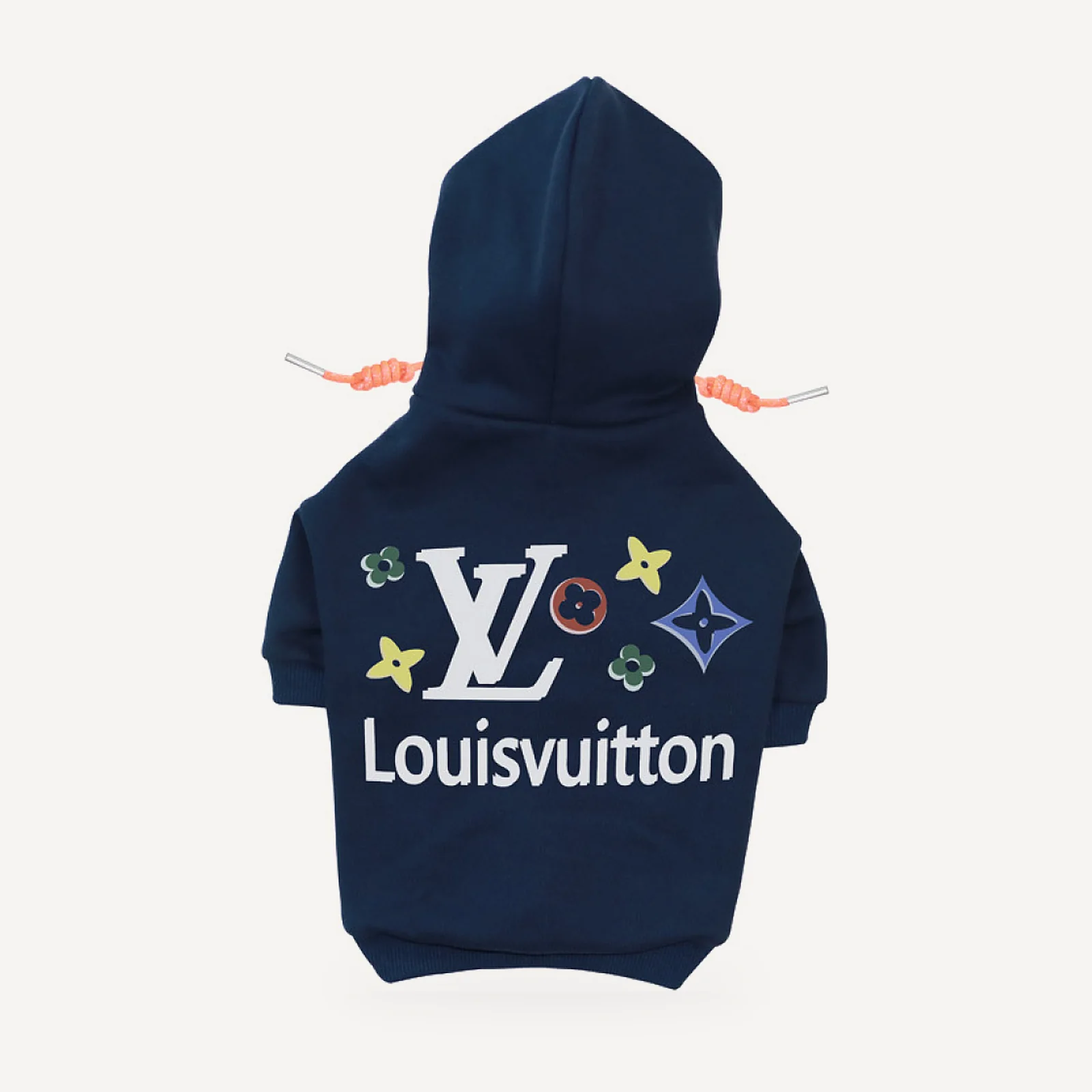 Signature Stars dog hoodie inspired by Louis Vuitton, navy blue, back view