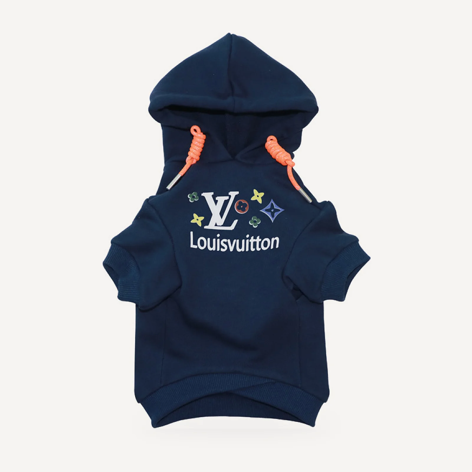 Signature Stars dog hoodie inspired by Louis Vuitton, navy blue, front view