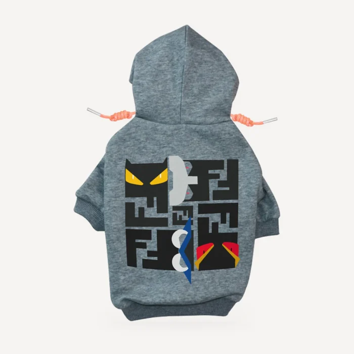 Monster Eyes dog hoodie inspired by Fendi, grey, back view