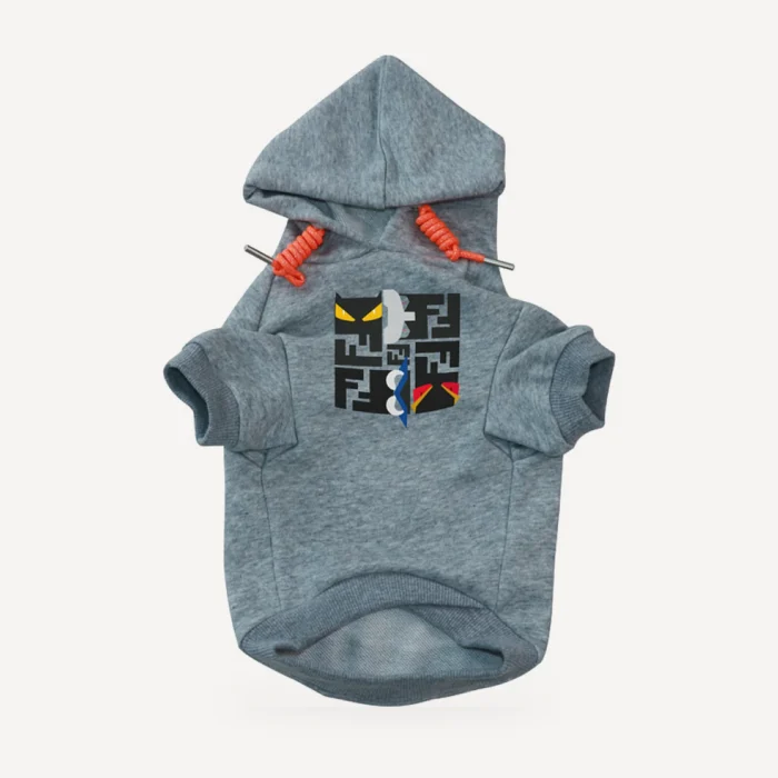 Monster Eyes dog hoodie inspired by Fendi, grey, front view