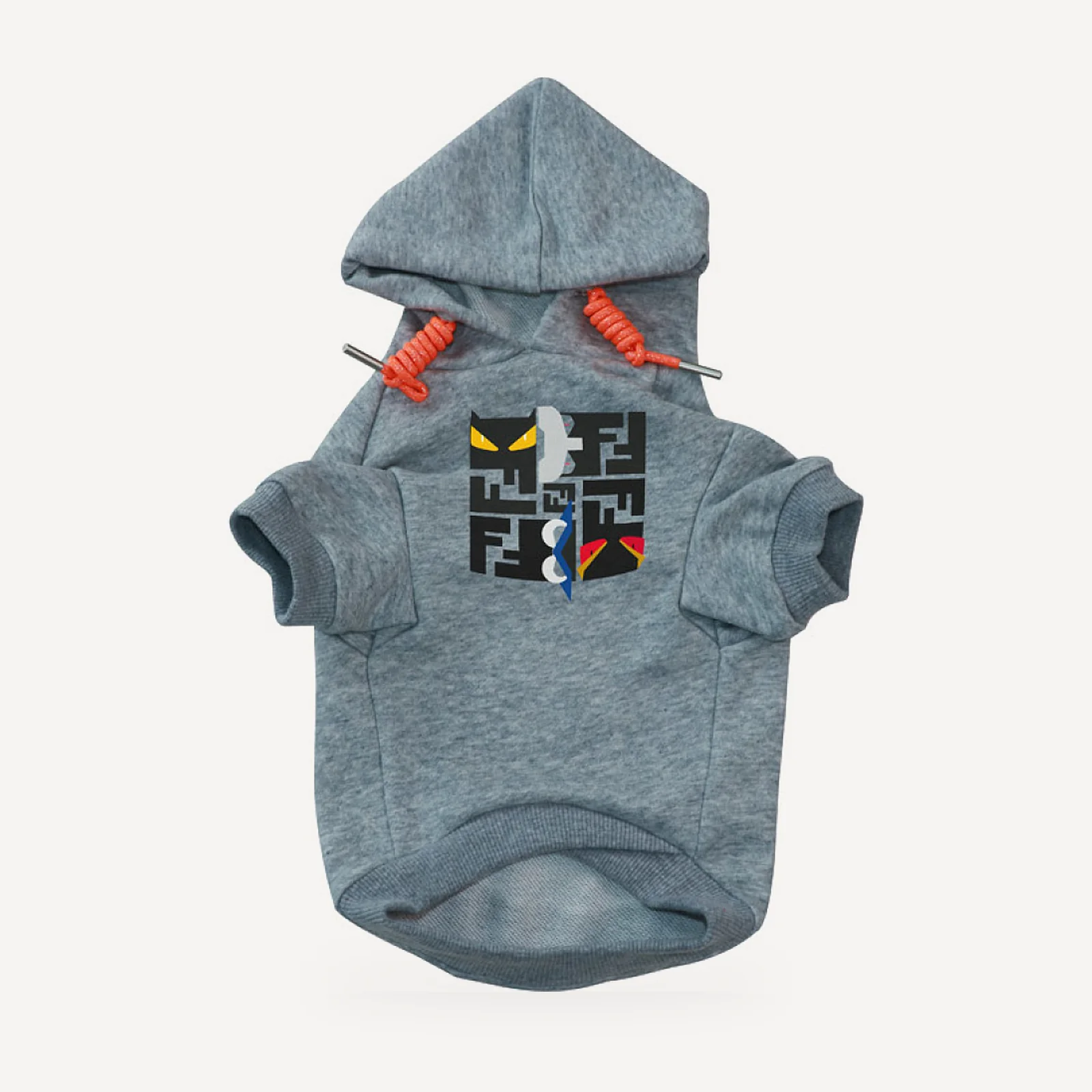 Monster Eyes dog hoodie inspired by Fendi, grey, front view
