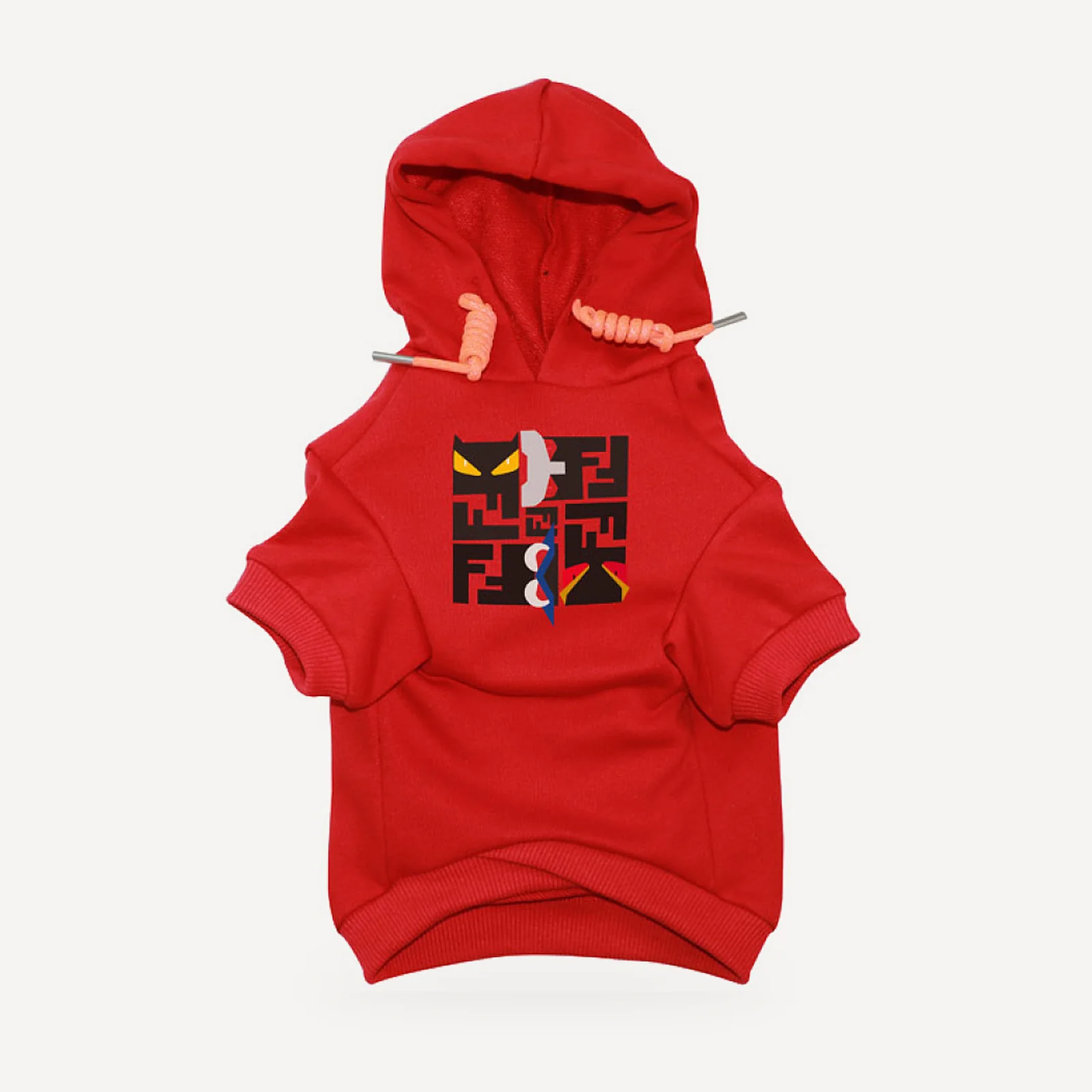 Monster Eyes dog hoodie inspired by Fendi, red, front view