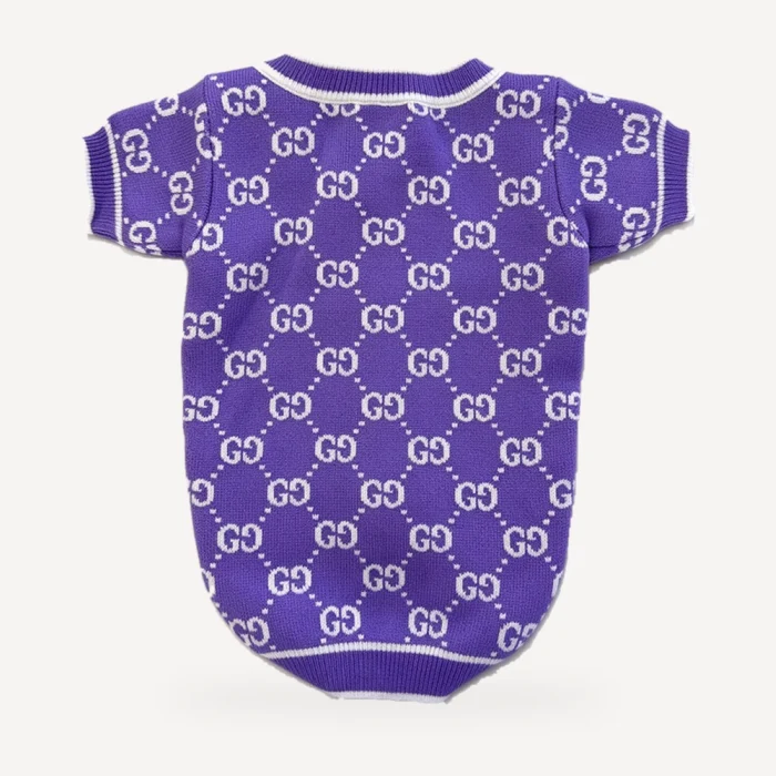 Lavender Monogram dog cardigan inspired by Gucci, purple, back view
