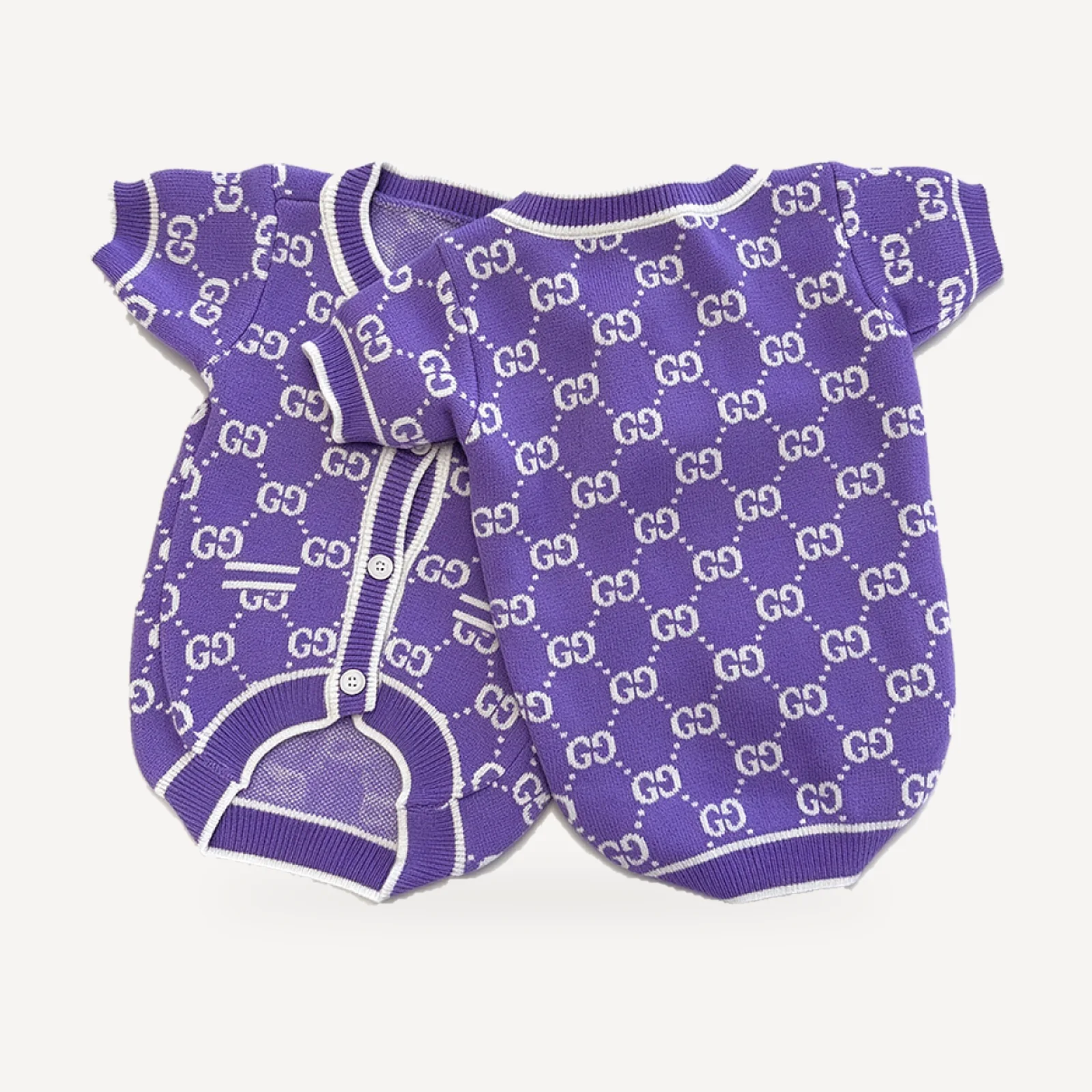 Lavender Monogram dog cardigan inspired by Gucci, purple, knit detail