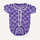 Lavender Monogram dog cardigan inspired by Gucci, purple, front view