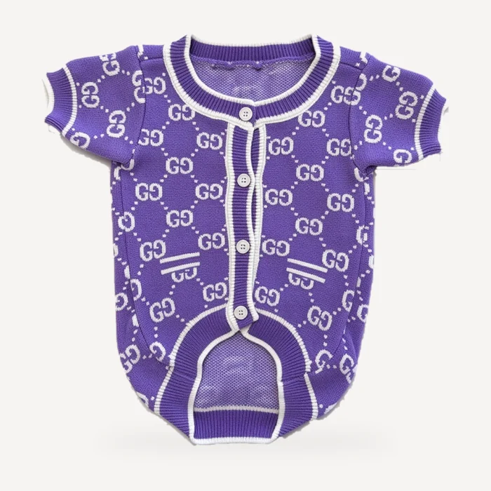 Lavender Monogram dog cardigan inspired by Gucci, purple, front view