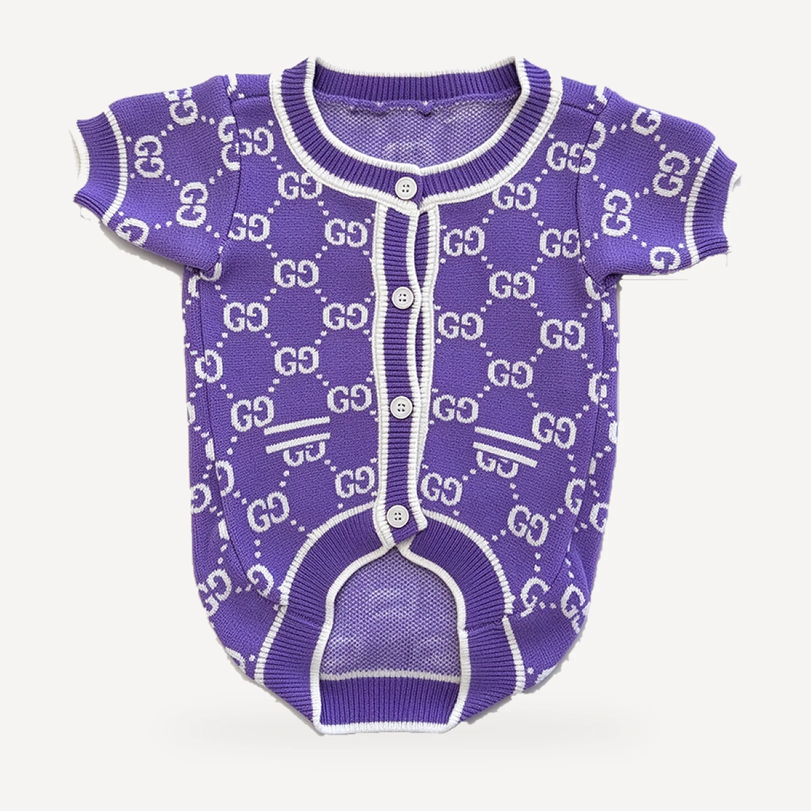 Lavender Monogram dog cardigan inspired by Gucci, purple, front view