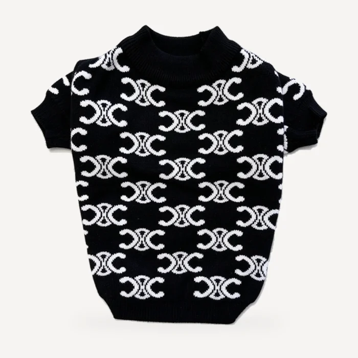 Monogram Knit dog sweater inspired by Celine, black, back view