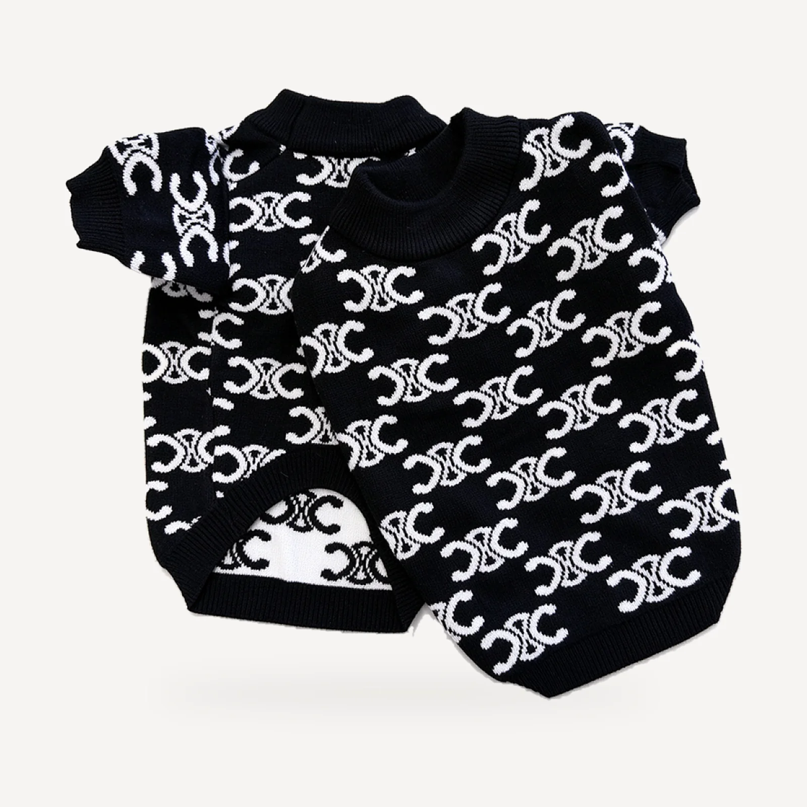 Monogram Knit dog sweater inspired by Celine, black, knit detail