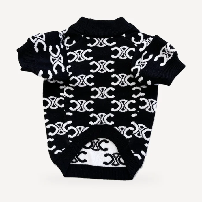 Monogram Knit dog sweater inspired by Celine, black, underside view