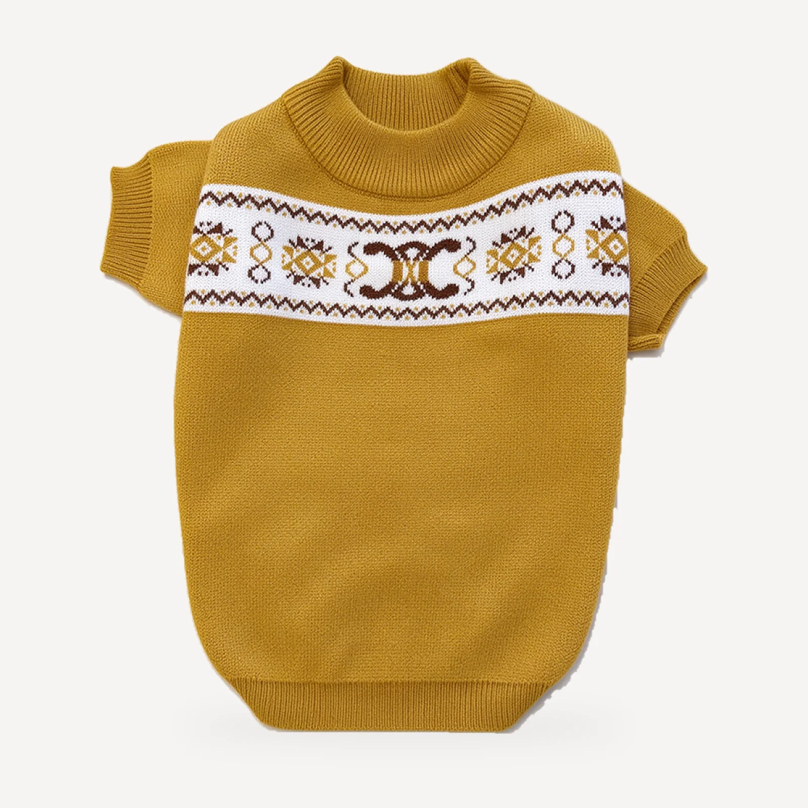 Triomphe Band dog sweater inspired by Celine, mustard, front view