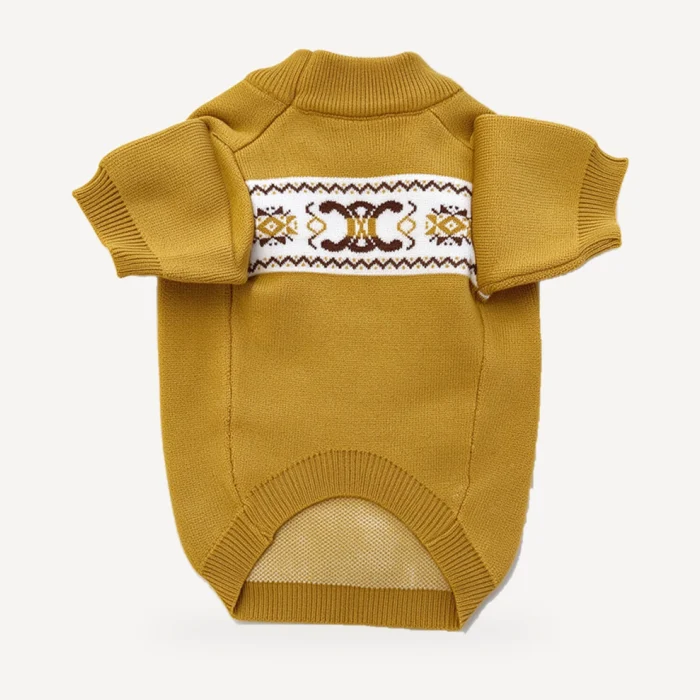 Triomphe Band dog sweater inspired by Celine, mustard, underside view