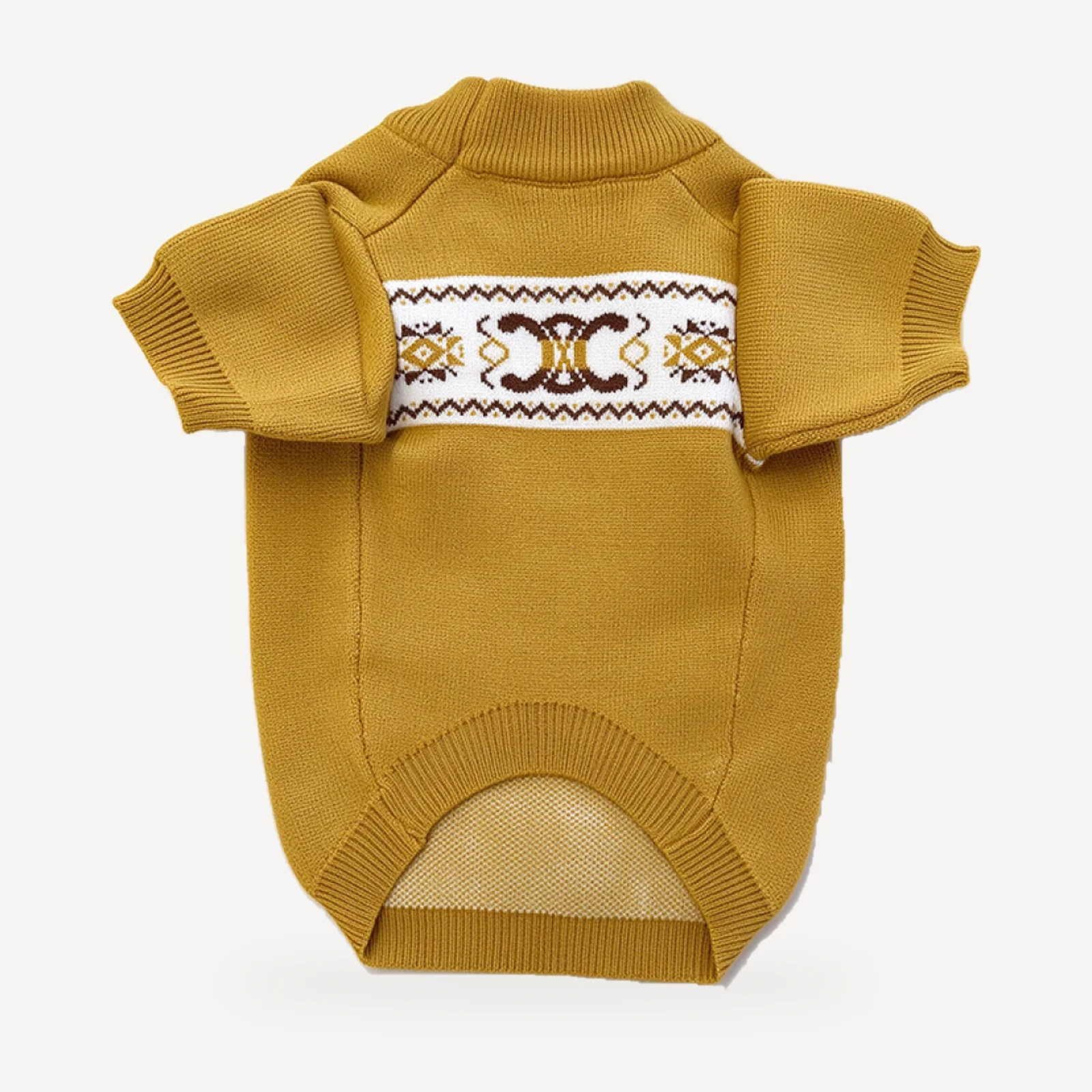 Triomphe Band dog sweater inspired by Celine, mustard, underside view